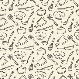 restaurant chef. cute hand drawn seamless pattern. vector illustration in doodle style
