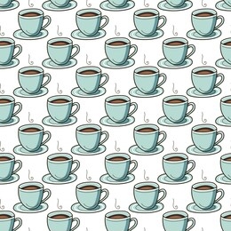 seamless vector print with ceramic coffee cup, herbal tea mug. stylized endless pattern with hot drink. flat illustration on white background in hand drawn style. repeat aroma print package design