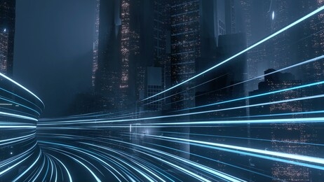 3d rendering of warp speed in hyper loop with blur light from buildings' lights in mega city at night. concept of next generation technology, fin tech, big data, 5g fast network, machine learning