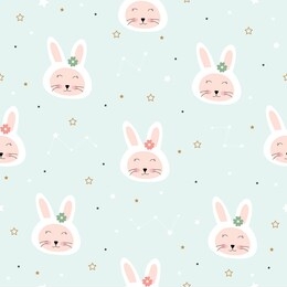 seamless pattern a rabbit with a pink face and smiling happily cute animal cartoon characters used for printing, backgrounds, gift wrap, children's clothing, textiles, vector illustration
