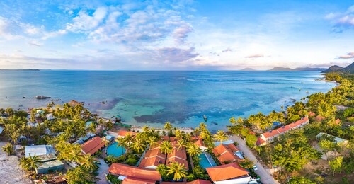 coastal resort scenery of phu quoc island during sunset, vietnam, a popular tourism destination for summer vacation in southeast asia, with tropical climate and beautiful landscape. panorama view.
