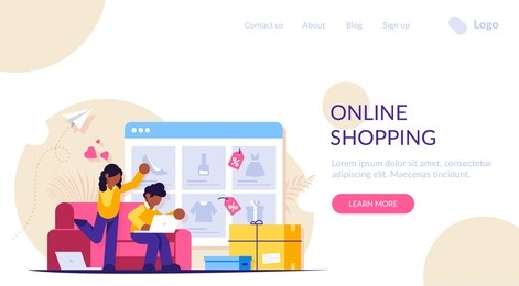 online shopping. a man and a woman shop at an online store sitting on a couch. the product catalog on the web browser page. shopping boxes. landing web page template.