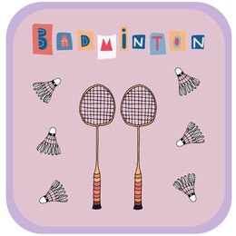 badminton, two rackets and shuttlecocks for playing badminton. color illustration with lettering. outdoor summer games. stock vector hand drawn illustration, isolated on purple background. 