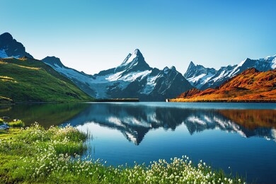 sunset view on bernese range above bachalpsee lake. highest peaks eiger, jungfrau and faulhorn in famous location. switzerland alps, grindelwald valley