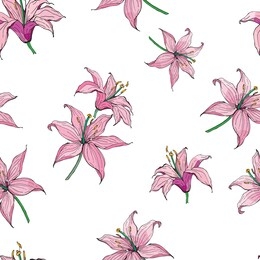 seamless floral pattern with hand-drawn lilies, monochrome and pink. endless texture for your design, romantic greeting cards, advertising, fabrics.