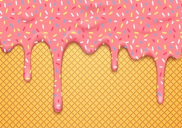 vector illustration with dripping pink glaze with colorful sprinkles on waffle. abstract 3d food background.