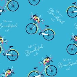 hand drawing print design. bicycle and slogan seamless pattern vector illustration .