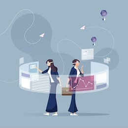 businesswoman in vr headsets analyzing virtual reports-virtual reality and augmented reality concept