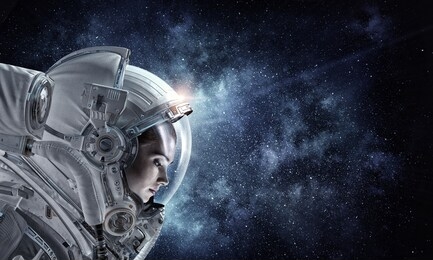 astronaut pioneer doing research. mixed media