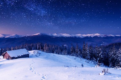 the milky way over the winter mountains landscape. carpathian, ukraine, europe. beauty world.