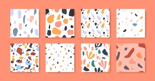 terrazzo seamless pattern collection in diverse colorful styles with abstract mosaic stone shapes. modern terrazo minimalist art background set ideal for print, fashion or trendy design project.