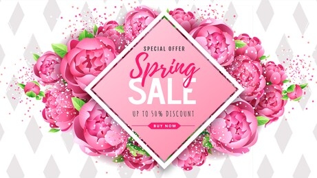 spring sale poster with full blossom pion flowers. spring flowers background