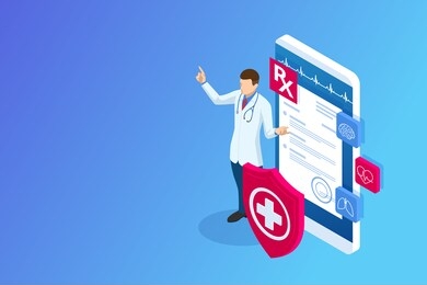isometric online medical consultation. health care concept. health insurance, online prescription. online diagnosis concept banner with characters.
