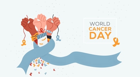 illustrating the concept of world cancer day, various groups of people clenched their hands together hanging lavender ribbons in his hands.with the concept of togetherness,strength.vector illustration