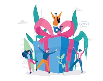 digital referral program. online reward , group of happy people receive a gift box. happy students win prize. vector illustration for web banner, infographics, mobile.