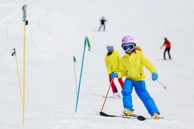 skiing, winter, ski lesson - skiers on ski run