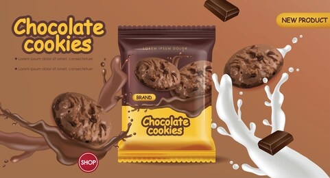 chocolate cookies vector realistic mock up. declious dessert falling cookies with chocolate and milk splash. 3d detailed product packages
