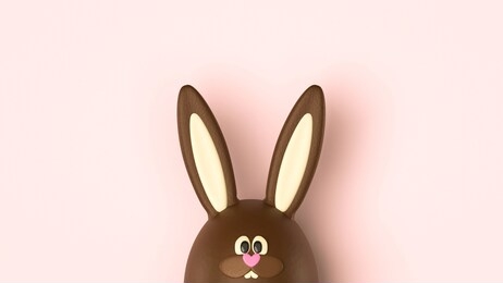 cute easter bunny, chocolate rabbit on pink background, holiday surprise gift, sweet easter symbol. funny bunny with pink heart nose, chocolate egg decoration, front view. delicious greeting poster.