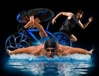 triathlon sport collage. man running, swimming, biking for competition race black background