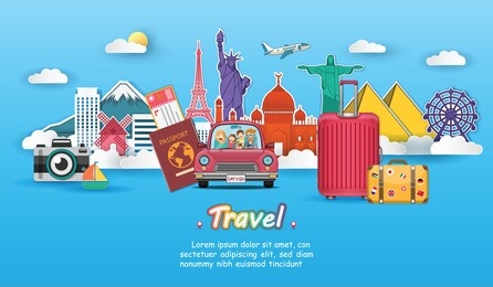 happy traveler on red car with check in point travel accessories around the world concept on blue background design. top world famous landmark. content paper art, vector, banner, card, poster, 