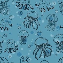 vector seamless pattern, doodles with sea octopuses and jellyfish on a blue background