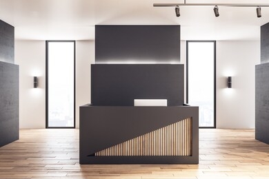 contemporary reception desk in lobby interior with wooden floor. 3d rendering