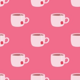 tea cups seamless repeat pattern.cute vector pink cups on a pink background.