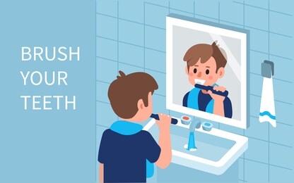 kid character standing near mirror in bathroom and brushing his teeth with toothbrush. children oral hygiene and healthcare concept. flat cartoon vector illustration.