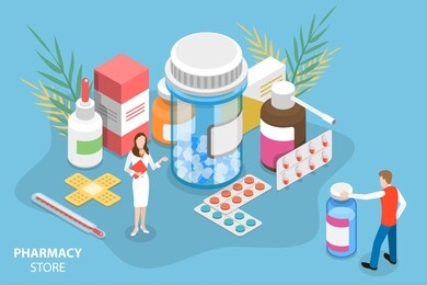 isometric 3d conceptual illustration of pharmacy store. pharmacist is standing around the bottles and boxes with medicine and suggesting some to the customer.