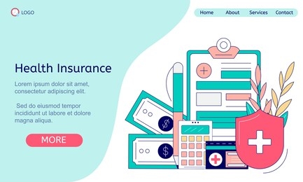  the concept of medical insurance, health and diagnosis. 
banner for an online website with a horizontal blue illustration on the topic of health. set of medical and financial items in lineart style.