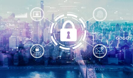 internet network security concept with the new york city skyline near midtown