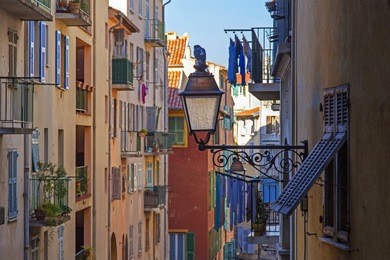 france , cote d'azur . nice, typical architectural details of the buildings in the old town. historical part of nice (vieuix-nice) in built up in the xvi-xvii- th centuries