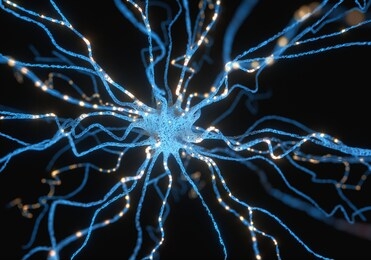 conceptual image of a neuron energized with electric charge. concept of science and research of the human brain, 3d illustration.
