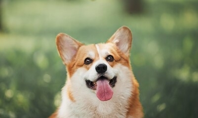 the corgi dog smilling in the green park