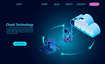 cloud computing concept. online computing technology. internet security with data transfer information. isometric flat design vector illustration.