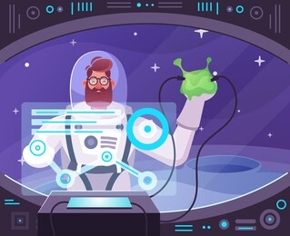 astronaut character exploring outer space. futuristic cosmonaut in spacesuit walking and flying. cartoon vector illustration. stars and planets in background