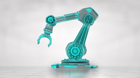 transparent technical visualization of robotic hand in the middle of bright gray background. 3d illustraton od industrial object.