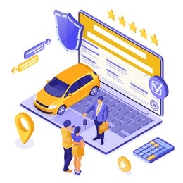 online sale, purchase, rent, car isometric concept for landing, advertising with car, laptop, realtor, key, couple with credit card. auto rental, carpool, carsharing. isolated vector illustration