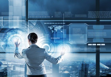image of businesswoman pushing icon on media screen