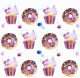 seamless pattern with watercolor hand painted sweet and tasty  donuts, cupcakes  . hand painted  dessert background perfect for fabric textile or menu wallpaper
