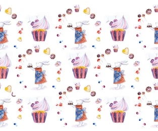 seamless pattern with watercolor hand painted sweet and tasty cakes, donuts, cupcakes and bunny . hand painted  dessert background perfect for fabric textile or menu wallpaper