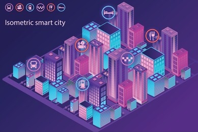 smart city or smart building isometric vector concept. a modern smart city, urban planning and development, the infrastructure of buildings with city services.