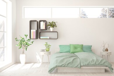 white bedroom interior. scandinavian design. 3d illustration