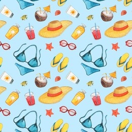 cute hand drawn nautical, marine seamless pattern on blue background.sea voyage seamless pattern. vacation at sea watercolor illustration. great for cards, backgrounds, wallpapers, invitations.