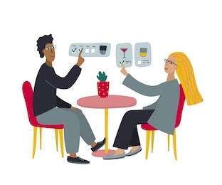 people using augmented reality glasses application to chose and order restaurant food. man woman seat in cafe. flat vector illustration for modern technology project for future gadget presentation.