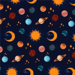 vector seamless flat pattern. galaxy collection.  space design elements as sun, crescent moon, stars, planets of solar system (mars, venus, mercury, pluto, neptune, jupiter, saturn)