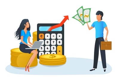 concept of financial consultation, small business loan vector illustration. successful investor or entrepreneur. profitable bank investment and money savings. mortgage, banking, loan. salary increase