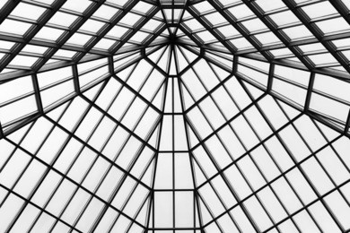 black and white abstract photograph of a steel and glass structure on the roof of a building.