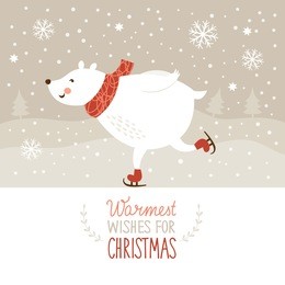 christmas illustration, white bear and little birdy