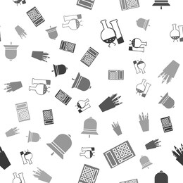 set test tube and flask chemical laboratory test, calculator, pencil case stationery and ringing bell on seamless pattern. vector